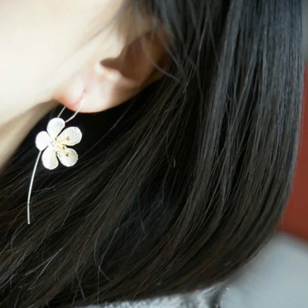 925 Sterling Silver Flower Drop Earrings - Picture 4 of 4